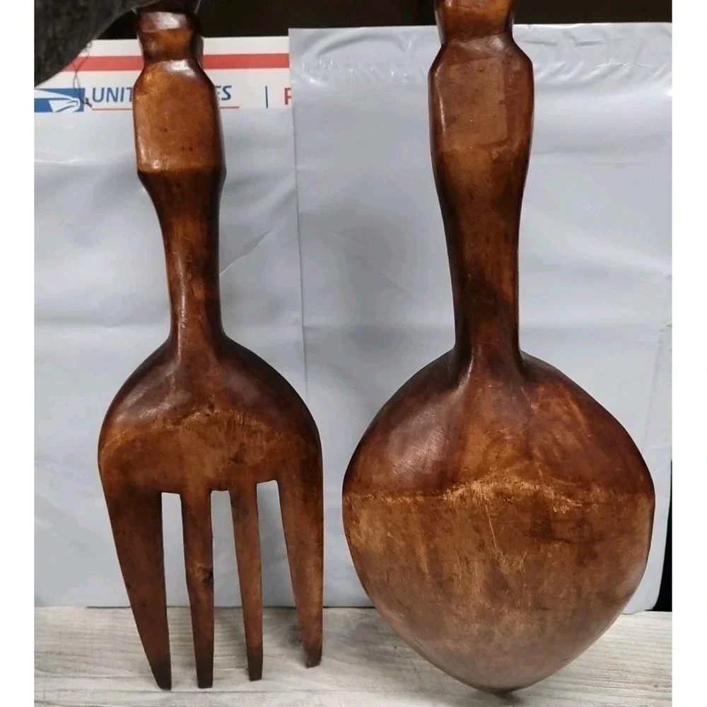 Vintage MCM Tiki Fork & Spoon‎ Wood Wall Decor 27
